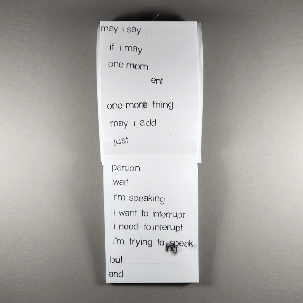 Two-panel spread from “Interruption.” The bottom includes the phrase “I want to interrupt / I need to interrupt”