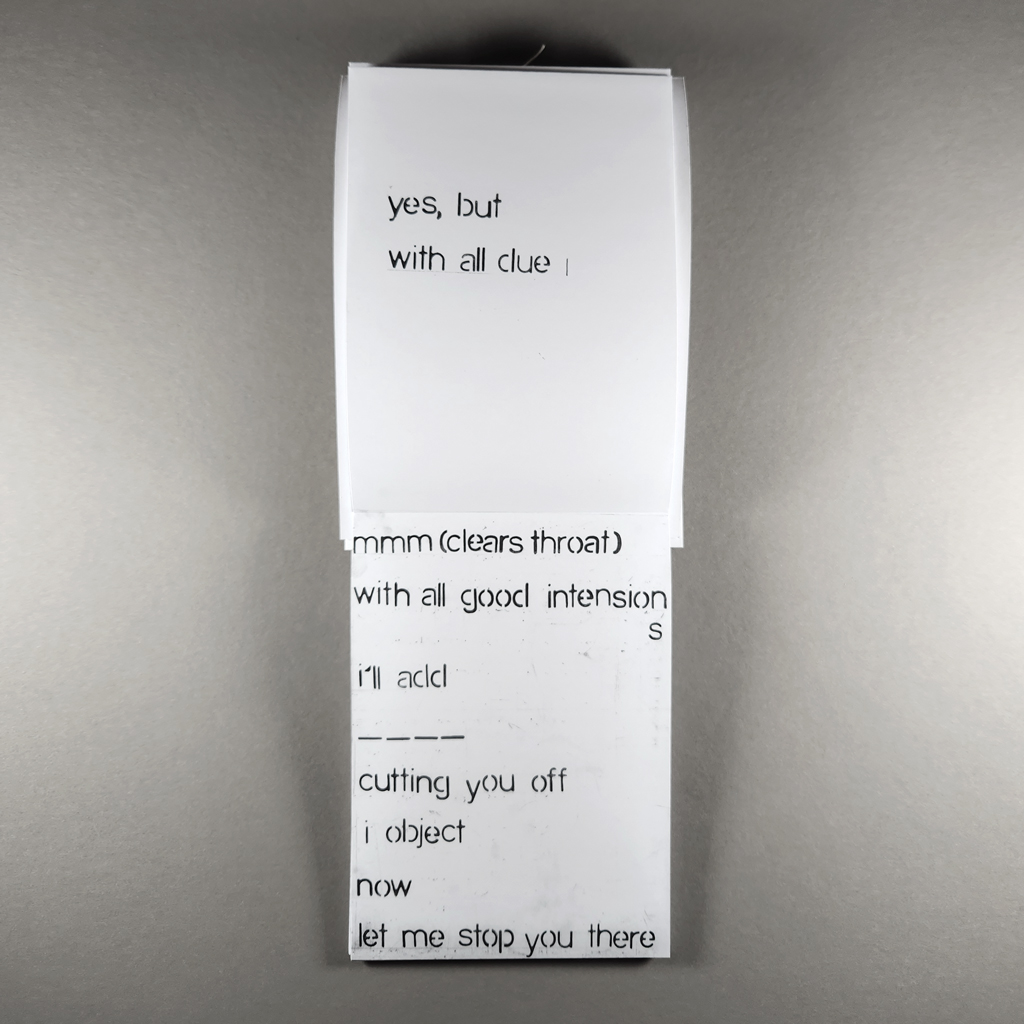 Two-panel spread from “Interruption.” The top is mostly whitespace with the text, “yes, but / with all due”