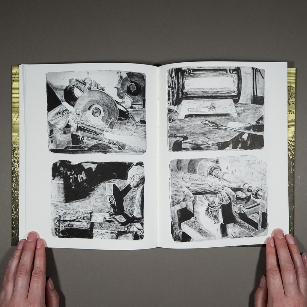 American weather inside spread. 4 quarter-page illustrations of a gun being forged into a garden tool.