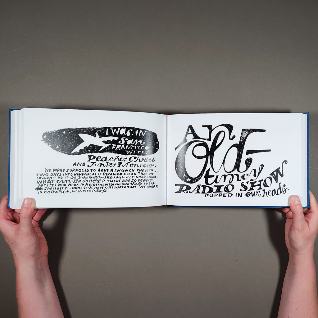 The Streets Are Very Quiet, inside spread. Verso: paragraph of hand-lettered text with illustration. Recto: elaborate hand-lettered phrase.