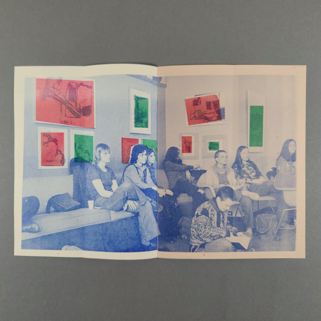 Workshopping at WSW pp 7–8. Gate fold fully open to a blue monochrome photo of a group of people with green and red overprinted highlights.