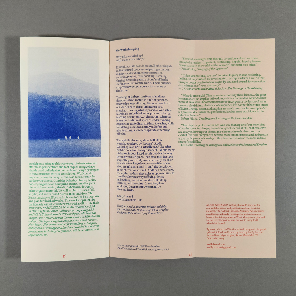 Workshopping at WSW pp 19–21 (back inside cover): Left: workshop photo and description. Right: project statement, epigraphs, and notes.