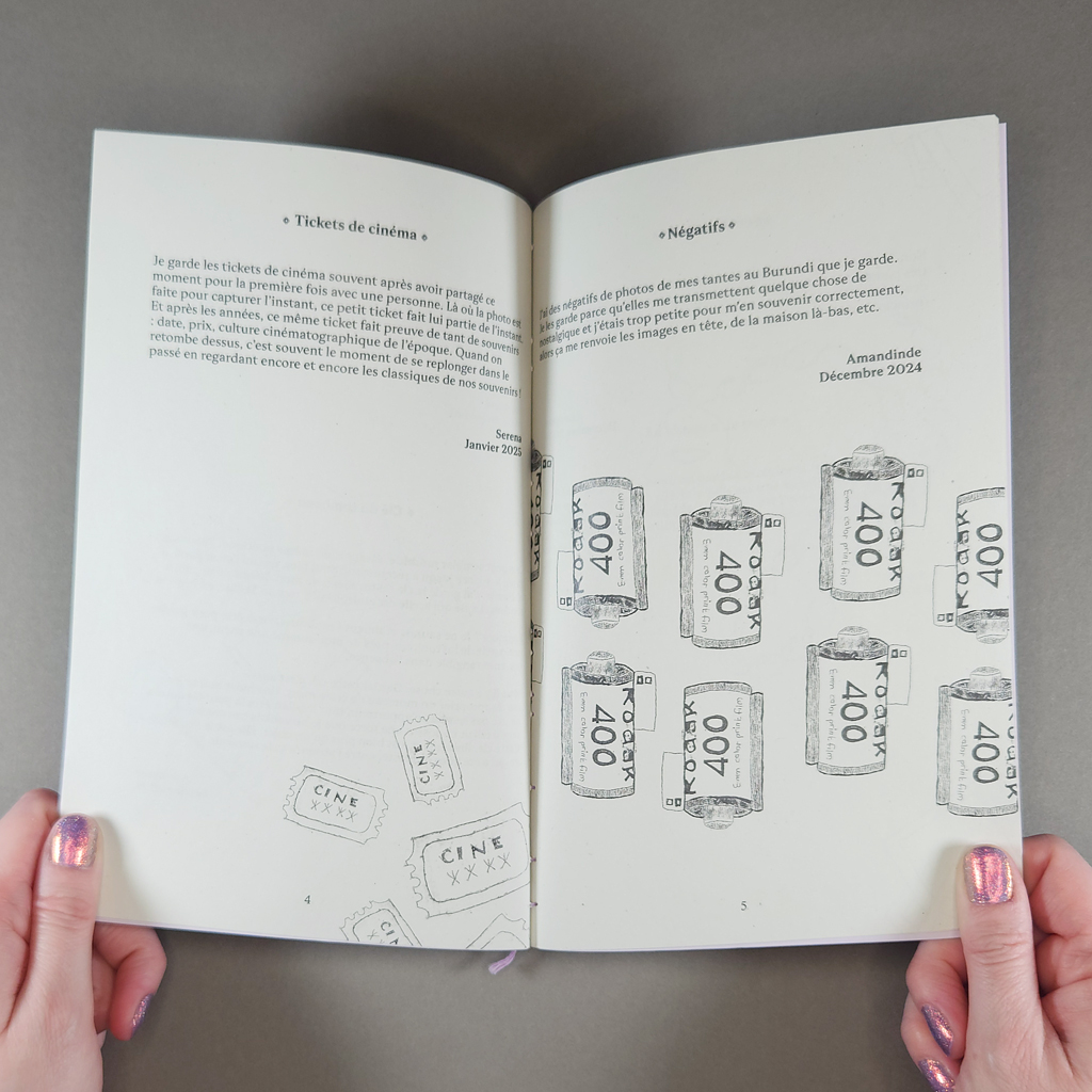 Recueil, pp. 4-5. Verso: a short text illustrated with movie tickets. Recto: a short text illustrated with rolls of film. 