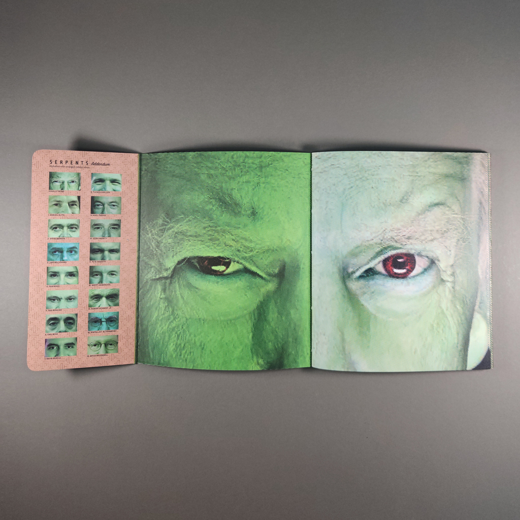 Serpents, Vol. 2 front inside cover: full-spread close-up of green-tinted Donald Trump and cover flap with index of similar images.