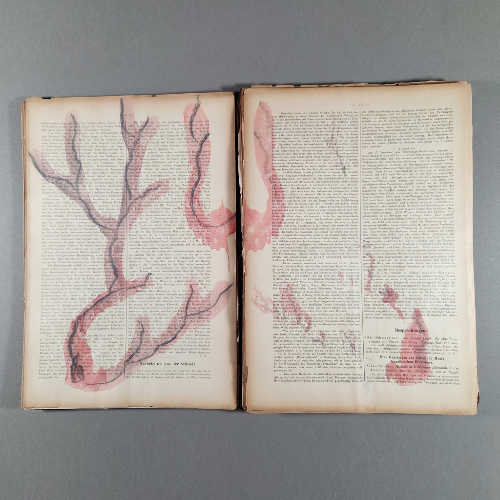 “Tear Gas Flash Bangs Fires…,” inside opening: abstract watercolor drawing, branching like lightning, in a yellowed German-language journal.