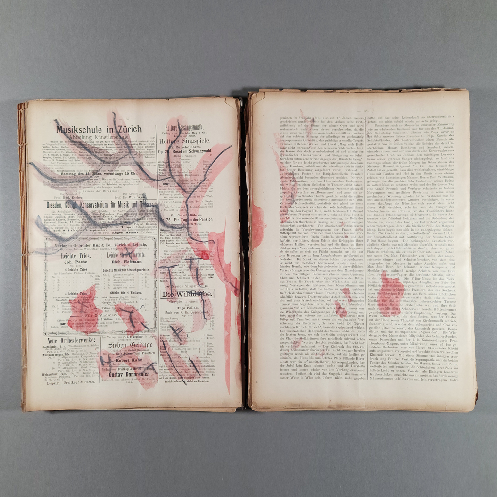 “Tear Gas Flash Bangs Fires…,” inside opening: abstract watercolor drawing in a yellowed German-language journal.