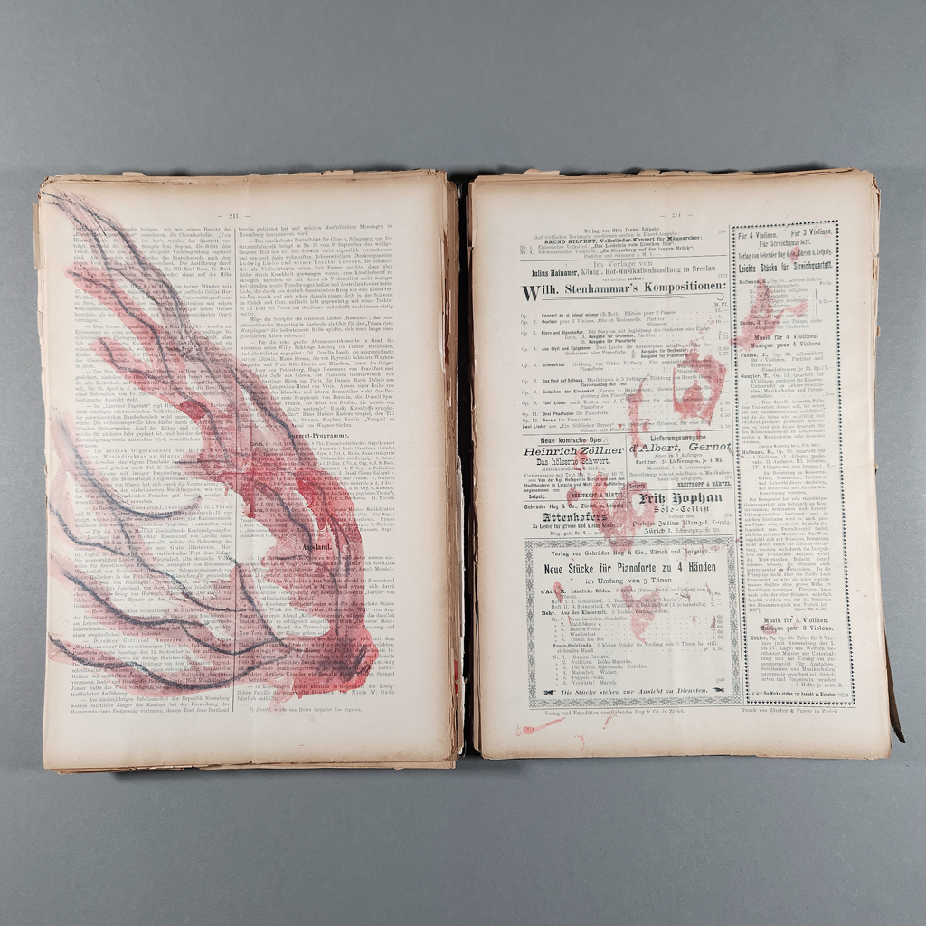 “Tear Gas Flash Bangs Fires…,” inside opening: watercolor drawing of a fire in a yellowed German-language journal.