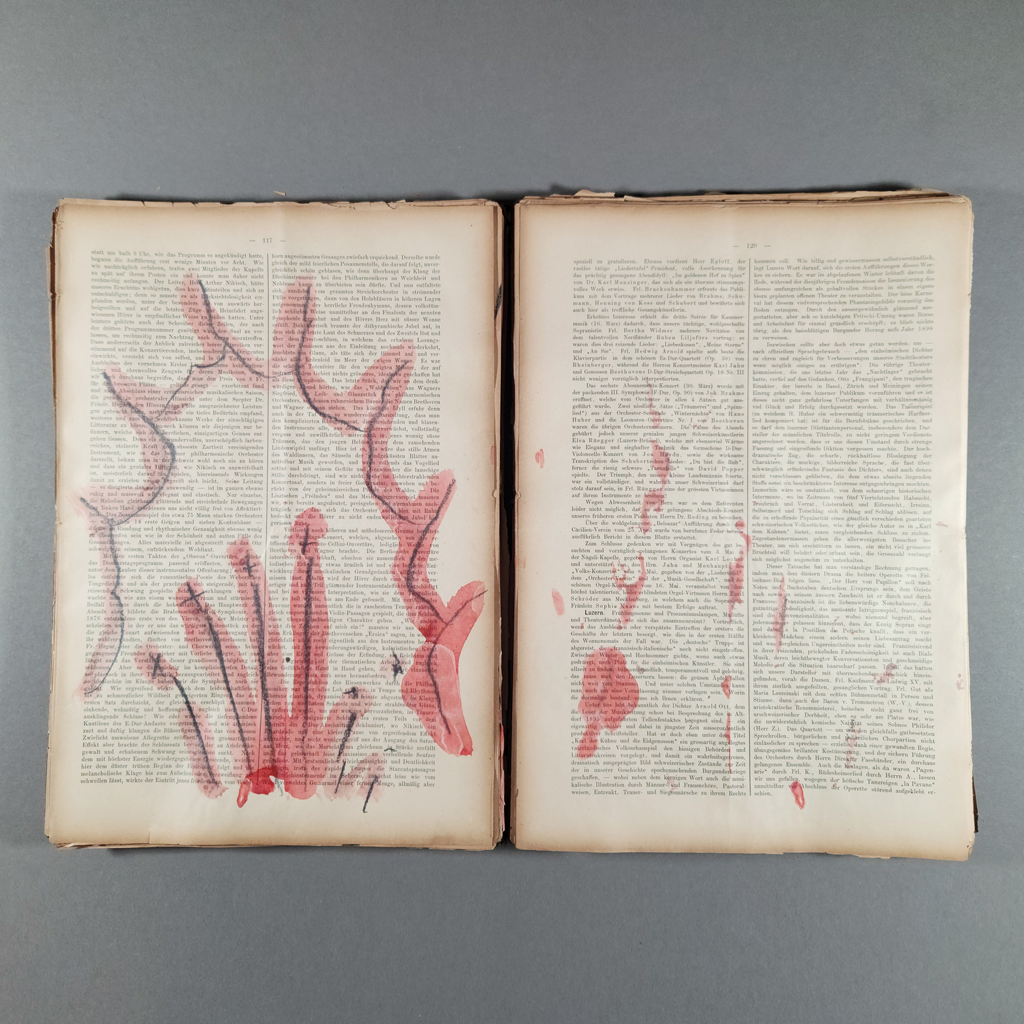 “Tear Gas Flash Bangs Fires…,” inside opening: a watercolor mandorla of fire in a yellowed German-language journal.