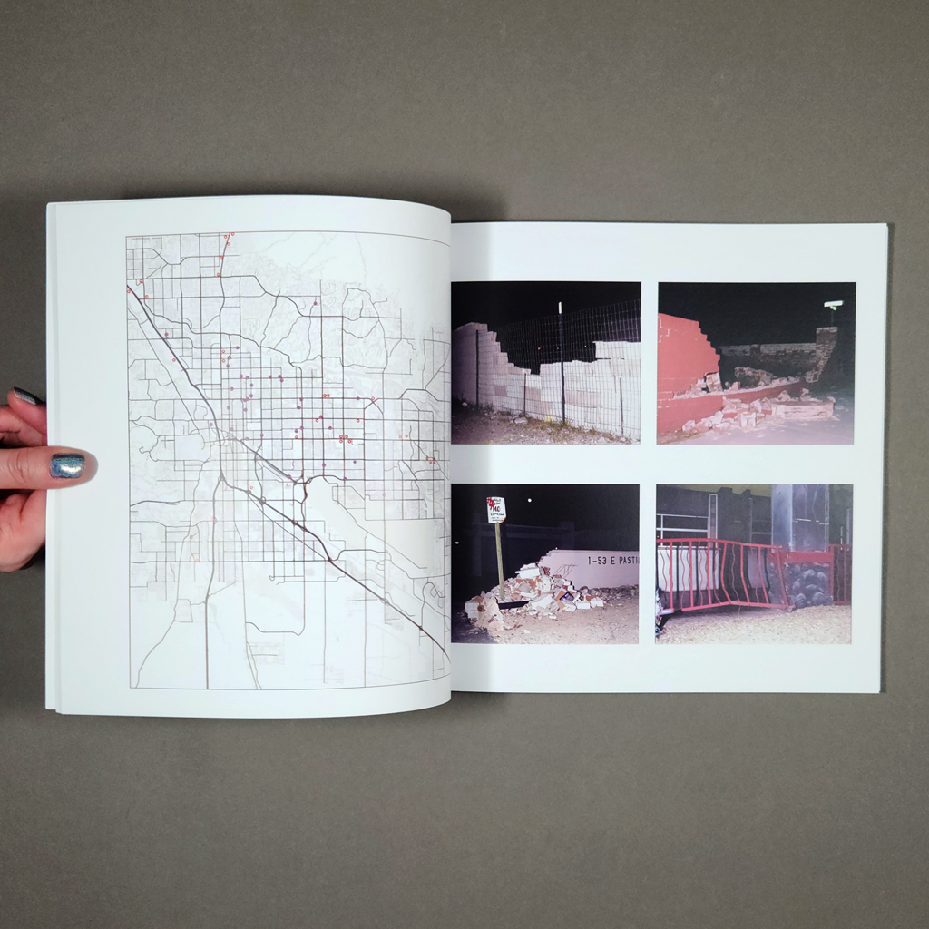 One More Day, inside spread: "College Town Consequences." Left: A street map with red dots; Right: 4 photos of damaged walls and fences