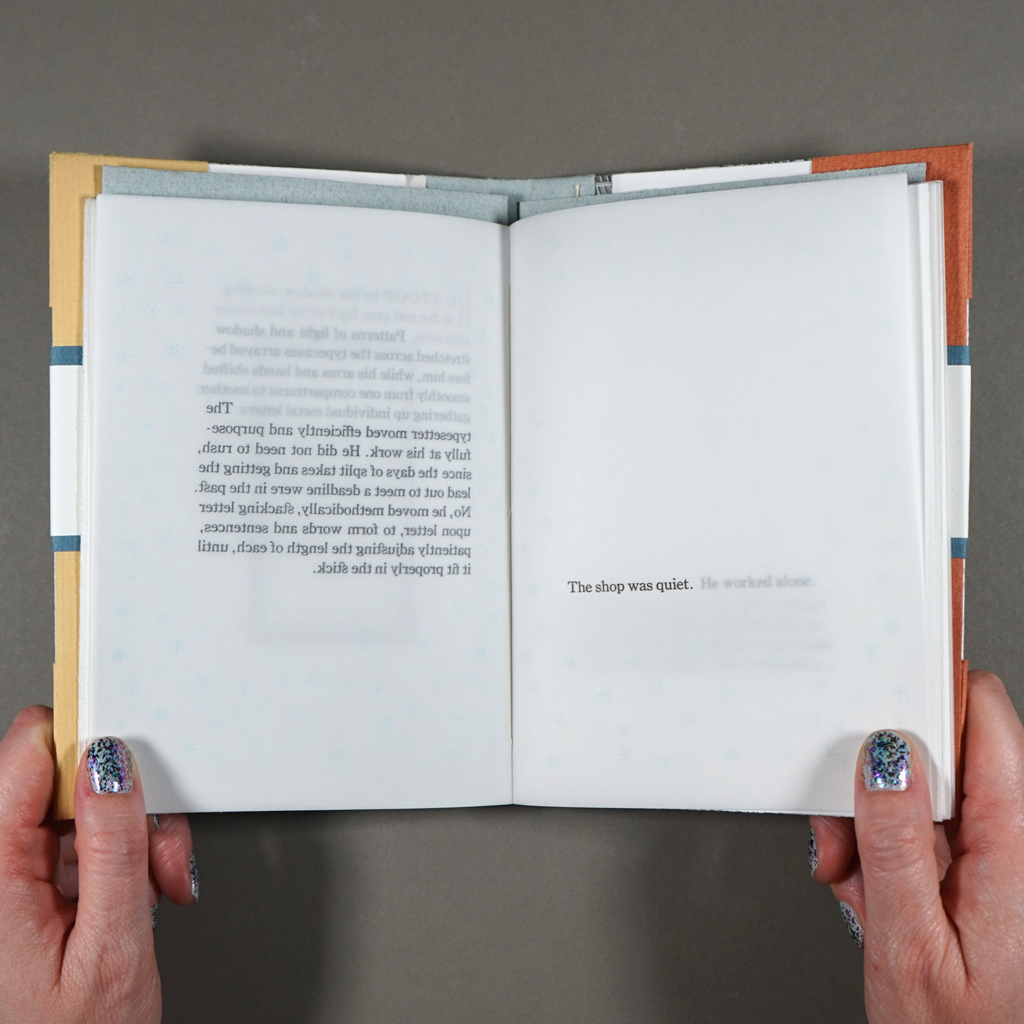 Typesetting on a Winter's Afternoon, inside spread: translucent paper shows multiple pages at once.