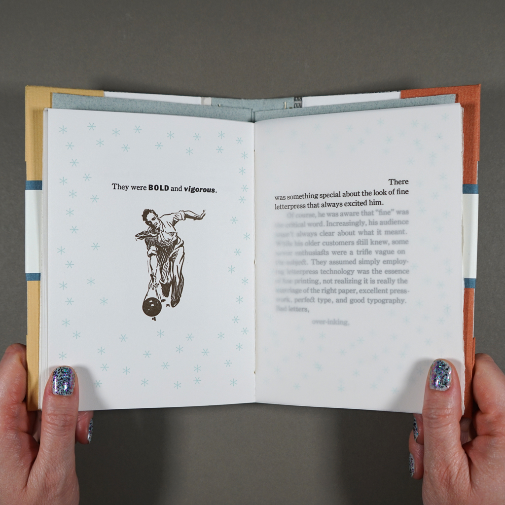 Typesetting on a Winter's Afternoon inside spread: left: a vintage illustration of a man bowling; right: layers of text on translucent pages.