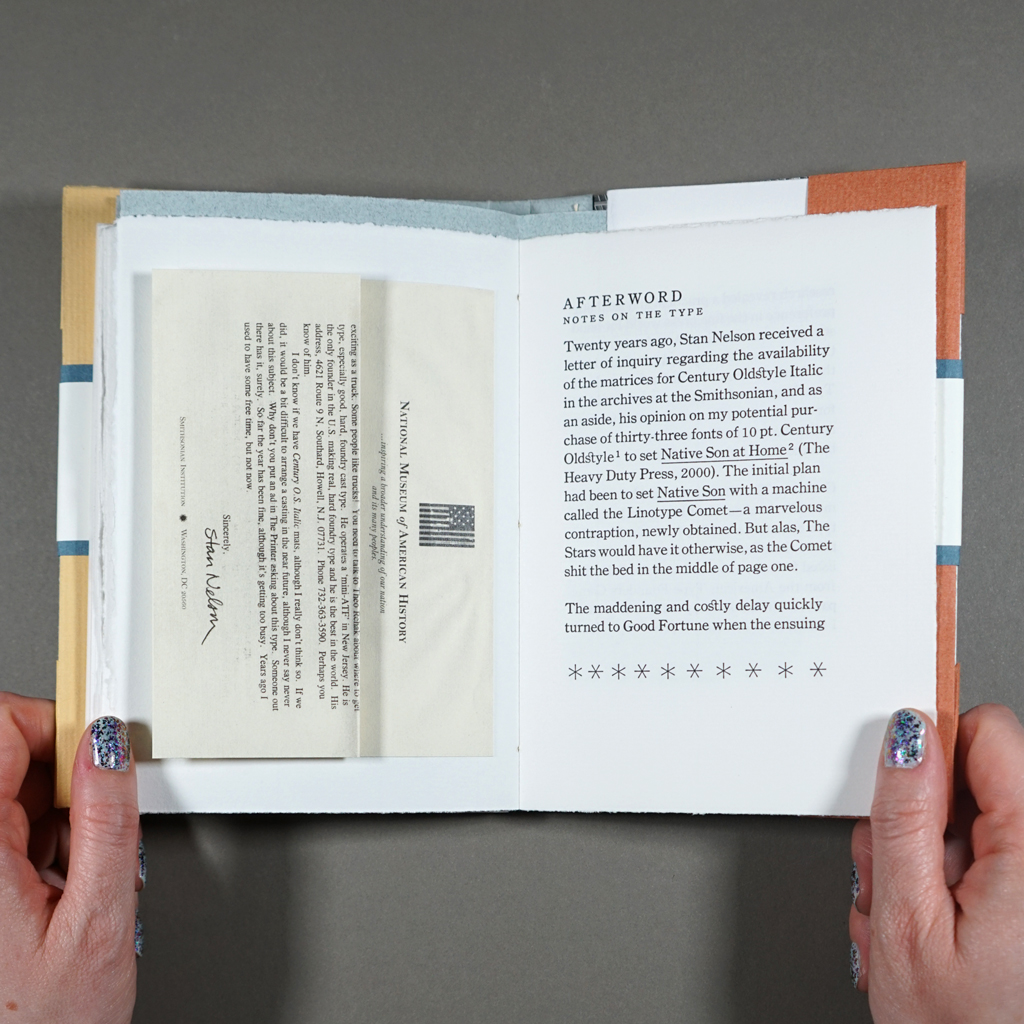 Afterword of Typesetting on a Winter's Afternoon, with a facsimile of a letter glued and folded into the verso.
