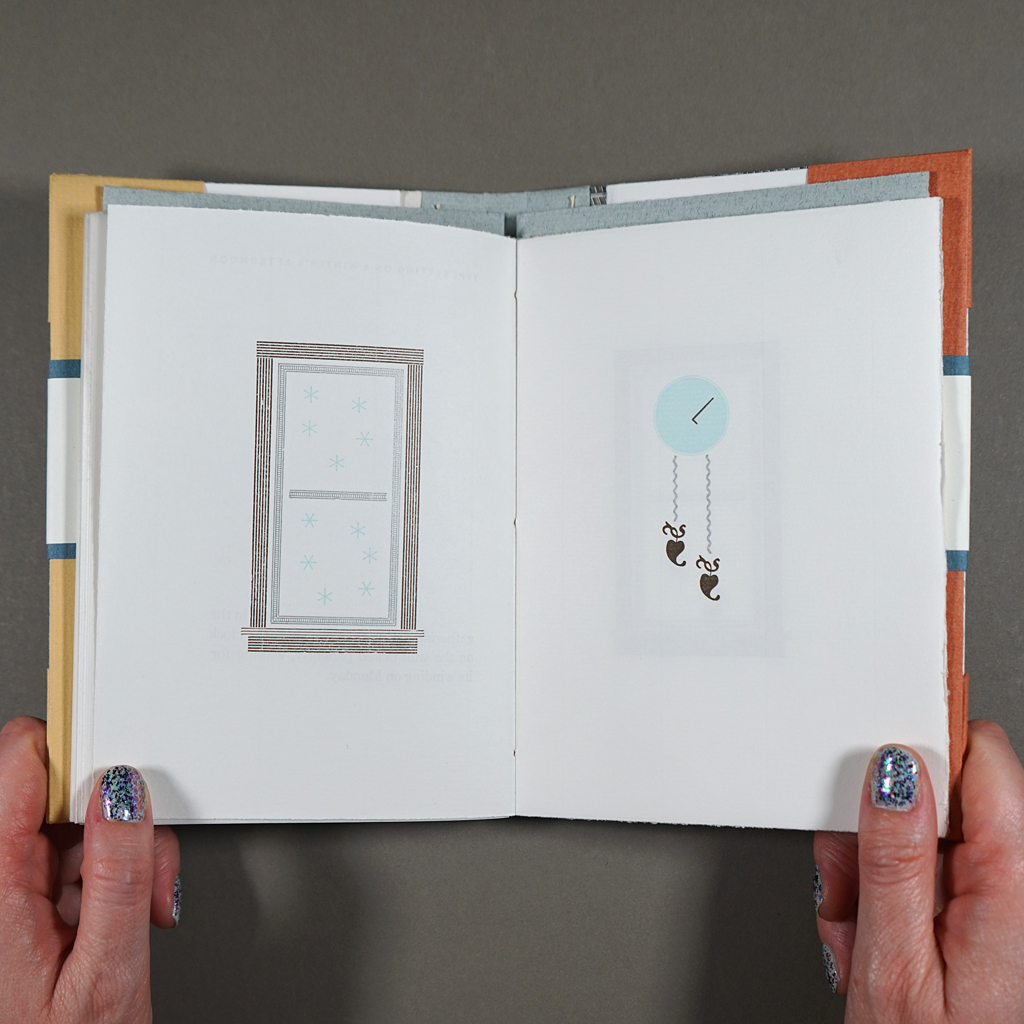 Typesetting on a Winter's Afternoon, inside spread: illustrations made from letterpress ornaments (left: a window; right: a clock)