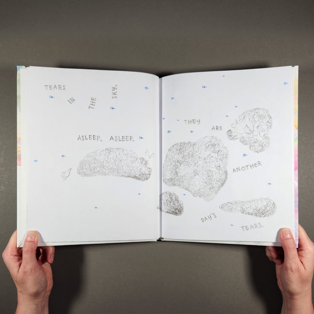 Tears Are Everywhere, inside spread: scribbled clouds and teardrops with hand-lettered text.