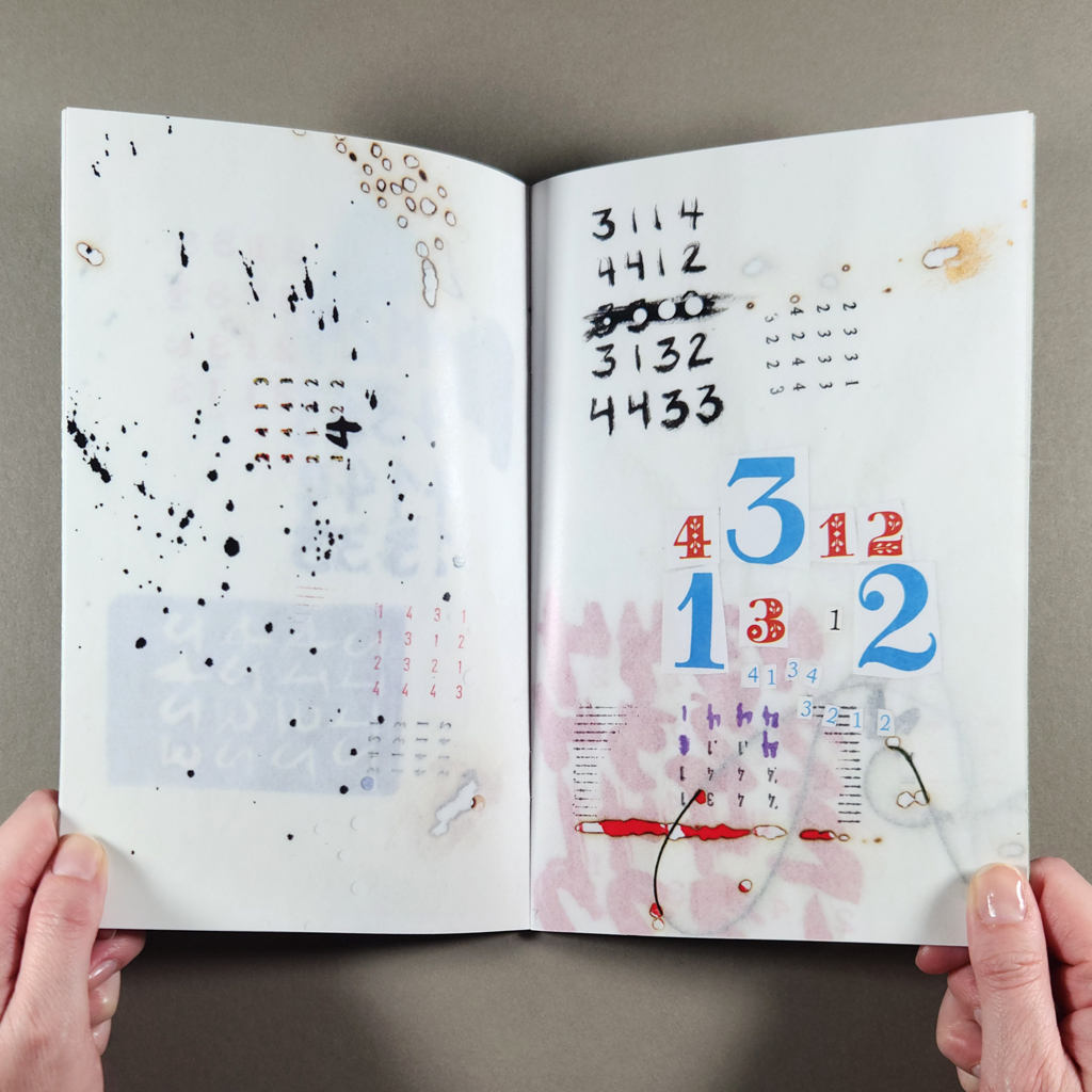 "640 numbers" inside spread: grids of numbers written, stamped, and collaged onto pages with burned holes and ink splatters.
