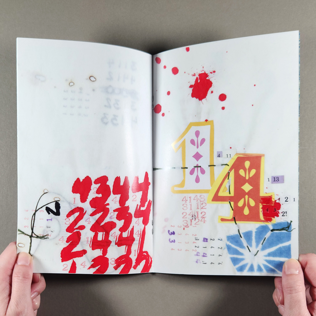 "640 numbers" inside spread: grids of numbers brushed, stamped, and collaged onto pages with burned holes, sewn thread, ink splatters, and collage.